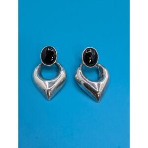 Vintage 925 Sterling Silver Onyx Door Knocker Postback Earrings Articulating